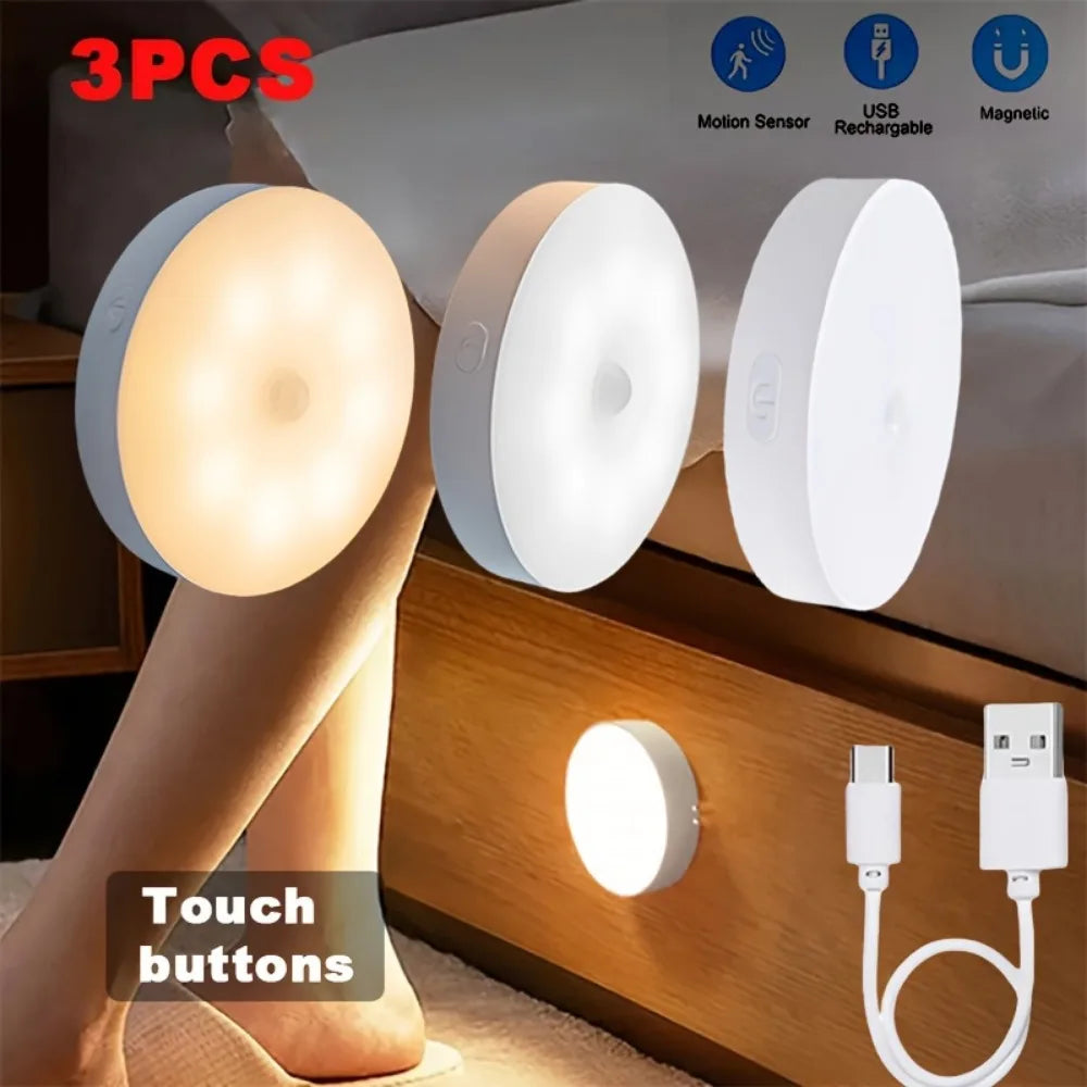 3-Pack Motion Sensor LED Lights - Adjustable Brightness, USB Rechargeable, Perfect for Kitchens & Night Use, Available in Two Colours