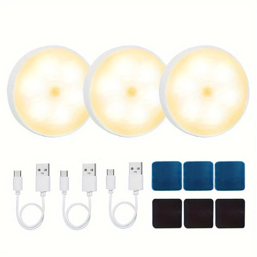 3-Pack Motion Sensor LED Lights - Adjustable Brightness, USB Rechargeable, Perfect for Kitchens & Night Use, Available in Two Colours